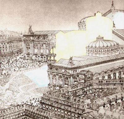 Stephen Conlin: The Paris Opera, 1981, etching and aquatint with watercolour, 38 x 38 cm; courtesy the artist